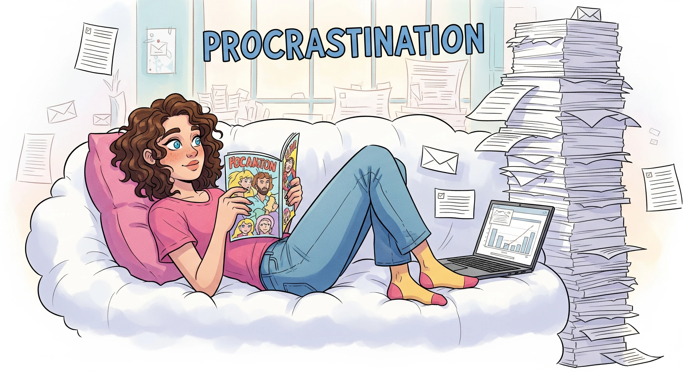 Illustration of a person avoiding work, symbolizing procrastination.