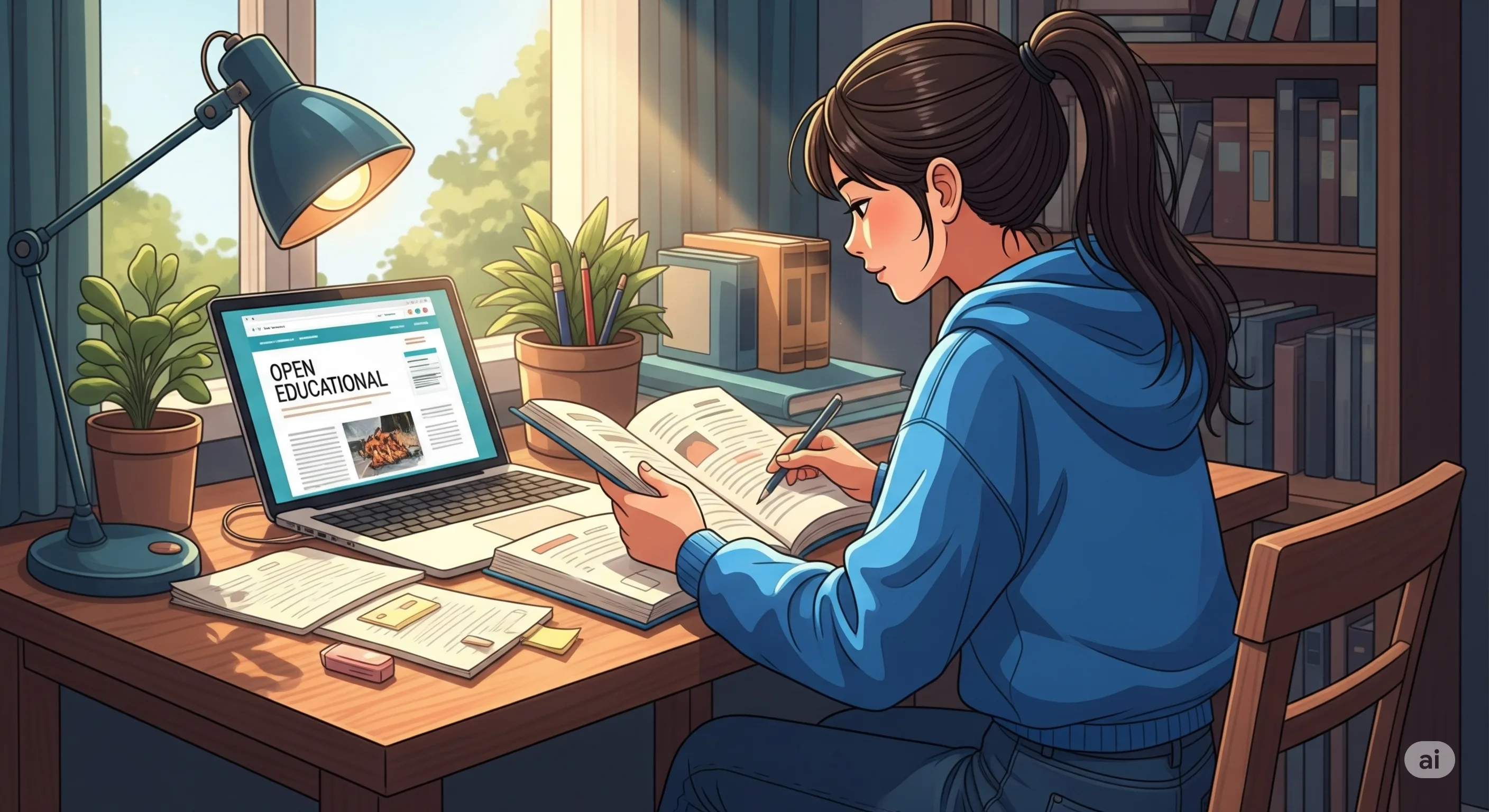 Illustration of a person studying effectively with books and a laptop.
