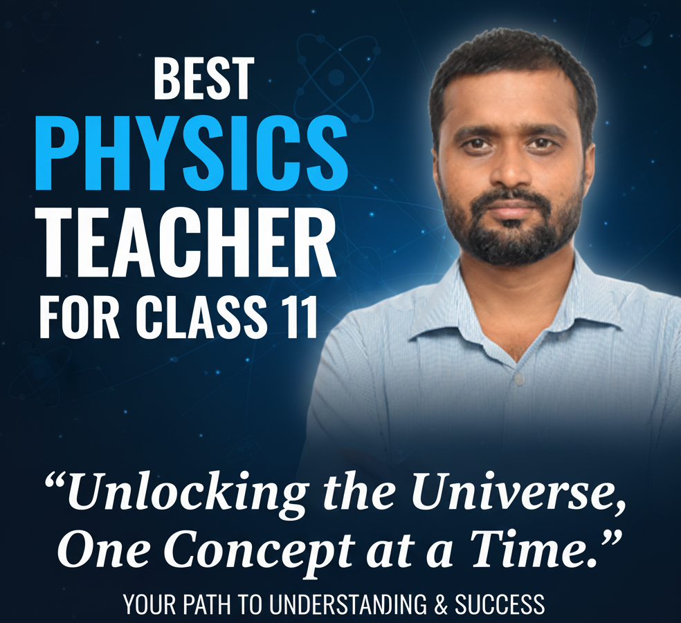 Poster: Class 11 Physics Success - Students studying with a teacher, surrounded by physics equations and diagrams, conveying focus and achievement in a modern, engaging style.